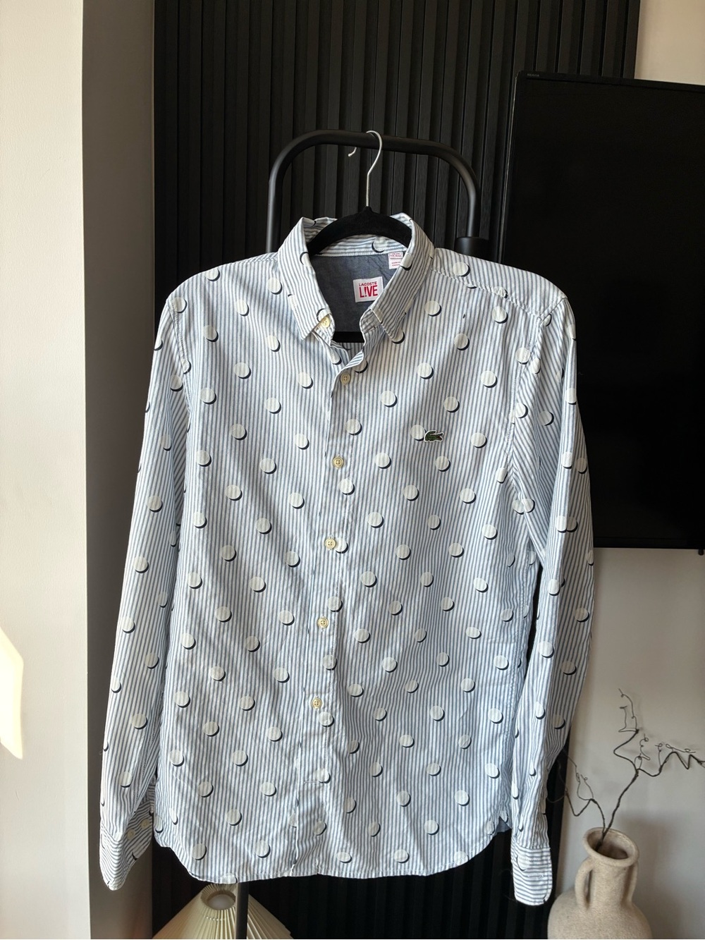 Lacoste Light Blue Striped Button-Down with White Tennis Dot Print